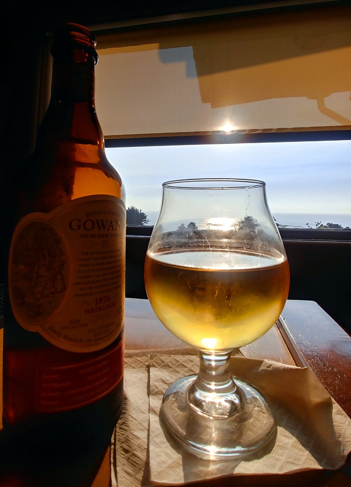 Gowan's Apple Cider at sunset. Ole's Whale Watching Bar, Little River Inn, Little River California.