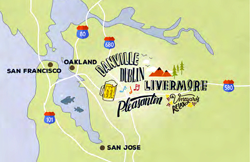 Map of Tri-Valley California - Pleasanton, Livermore, Dublin, and Danville.
